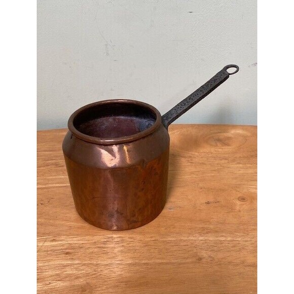 Antique Copper Pot with Cast Iron handle Dovetailed Hand Forged Rivets 4" Tall - Picture 1 of 16